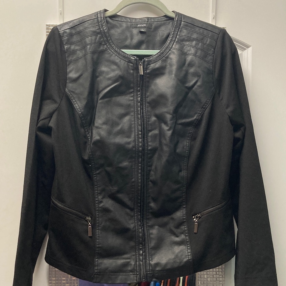 Alfani Black Faux Leather and Knit Mixed Media Jacket.  Sz L